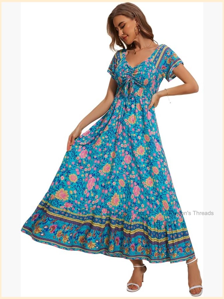 Smocked Floral Maxi Dress Women Casual Short Sleeve Boho Beach Party